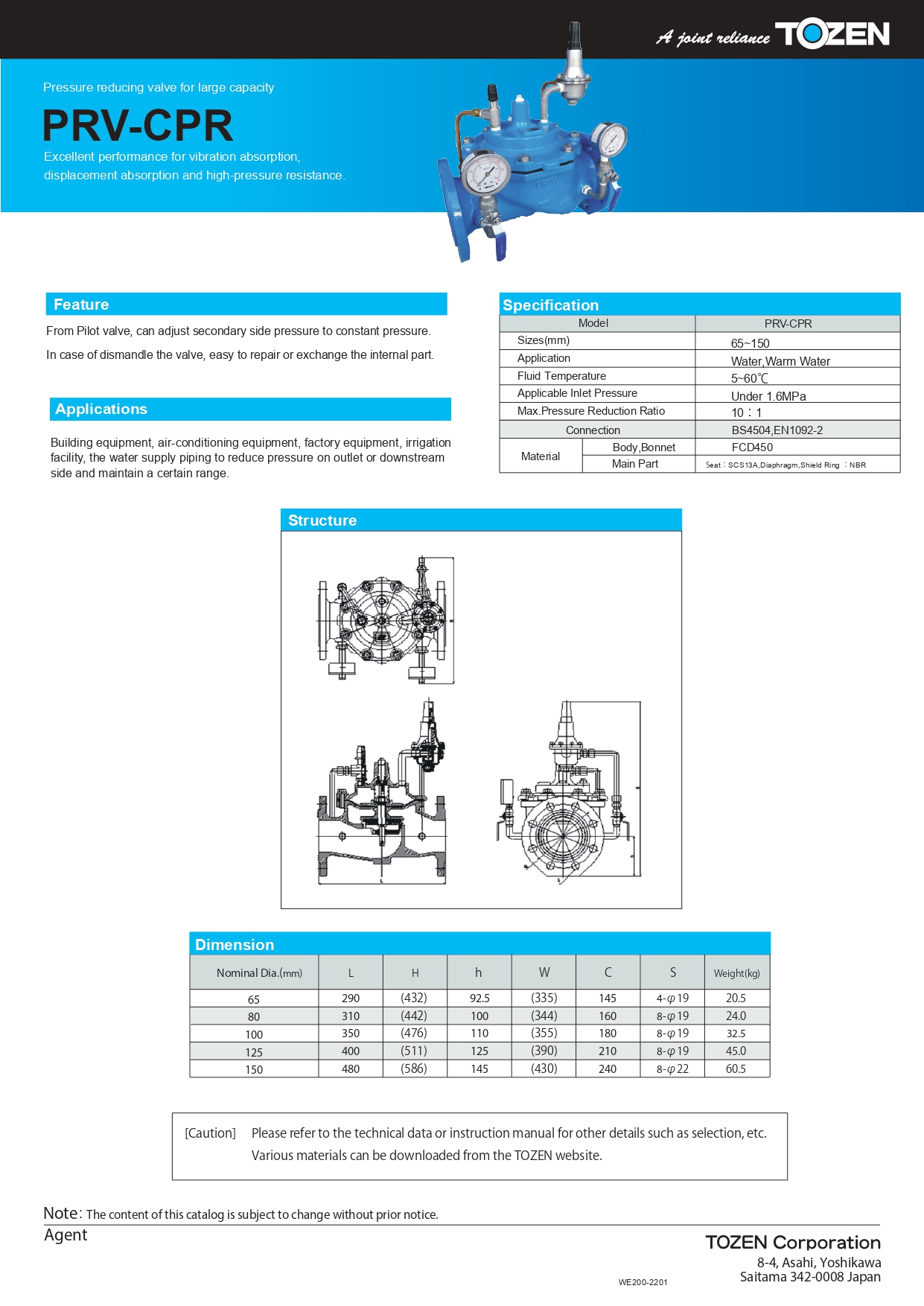 TOZEN PRVCPR Pressure Reducing Valve
